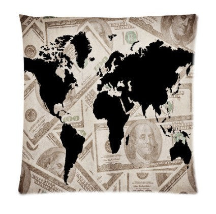 Black World Map on US Dollars Zippered Pillow Cover